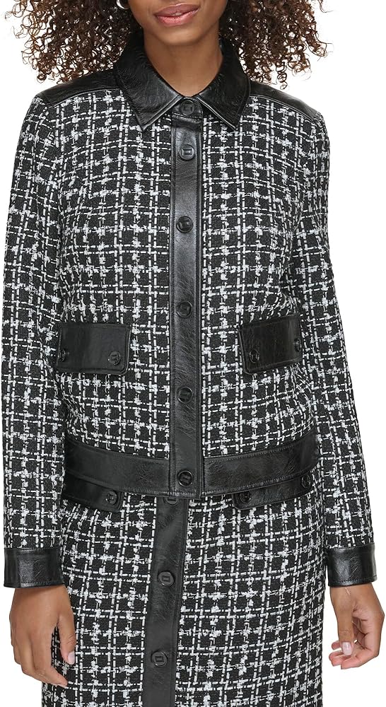 Karl Lagerfeld Paris Women's Tweed with Faux Leather Jacket, Black