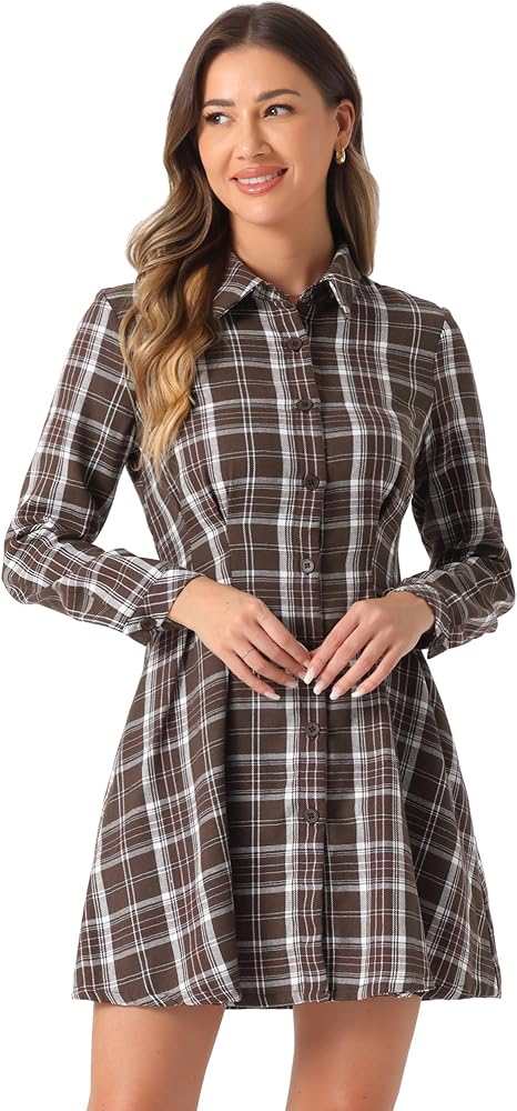 Allegra K Women's Christmas Tartan Plaid High Waist A-Line Button