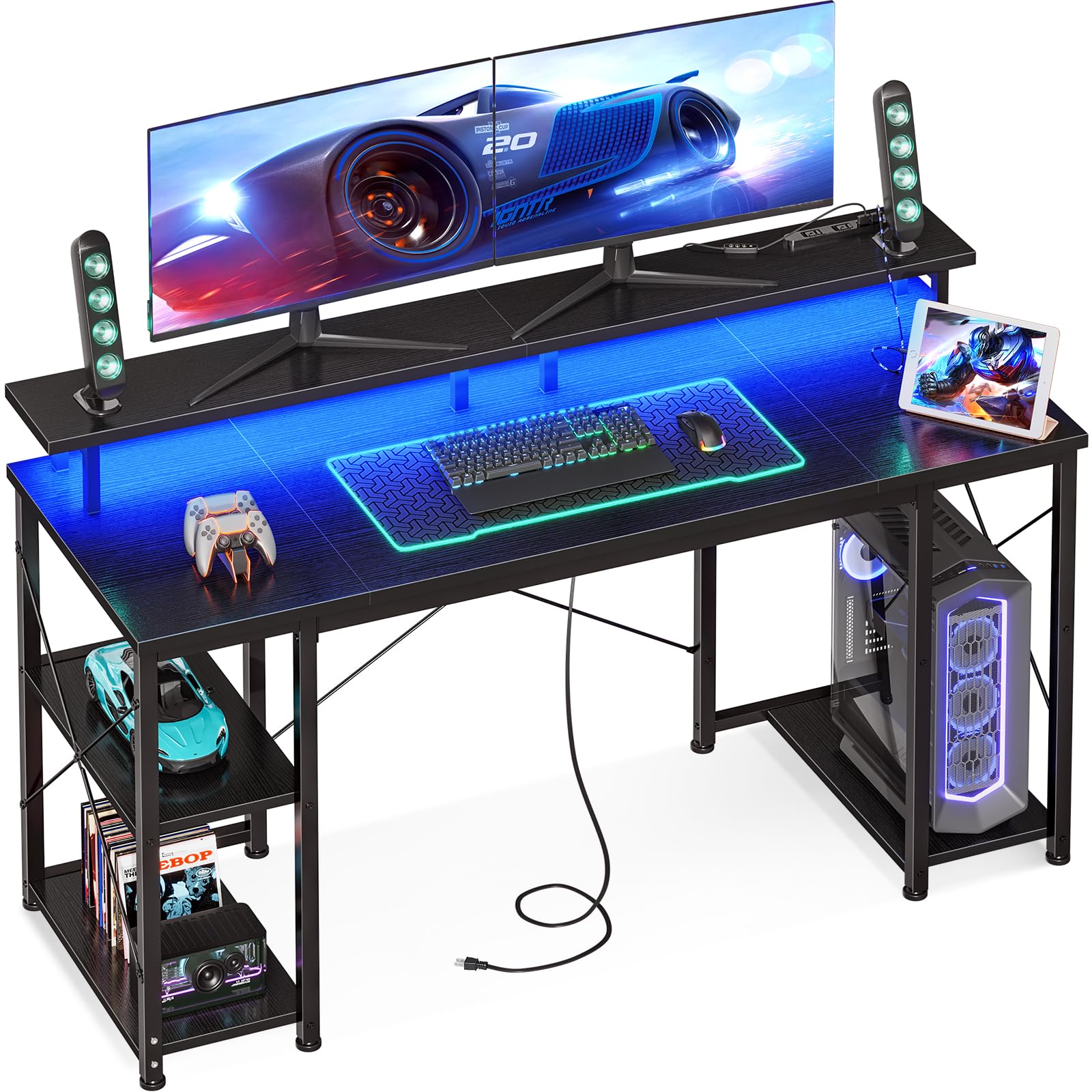 Amazon | AODK ゲーミングデスク パソコンデスク コンセント&LED付き