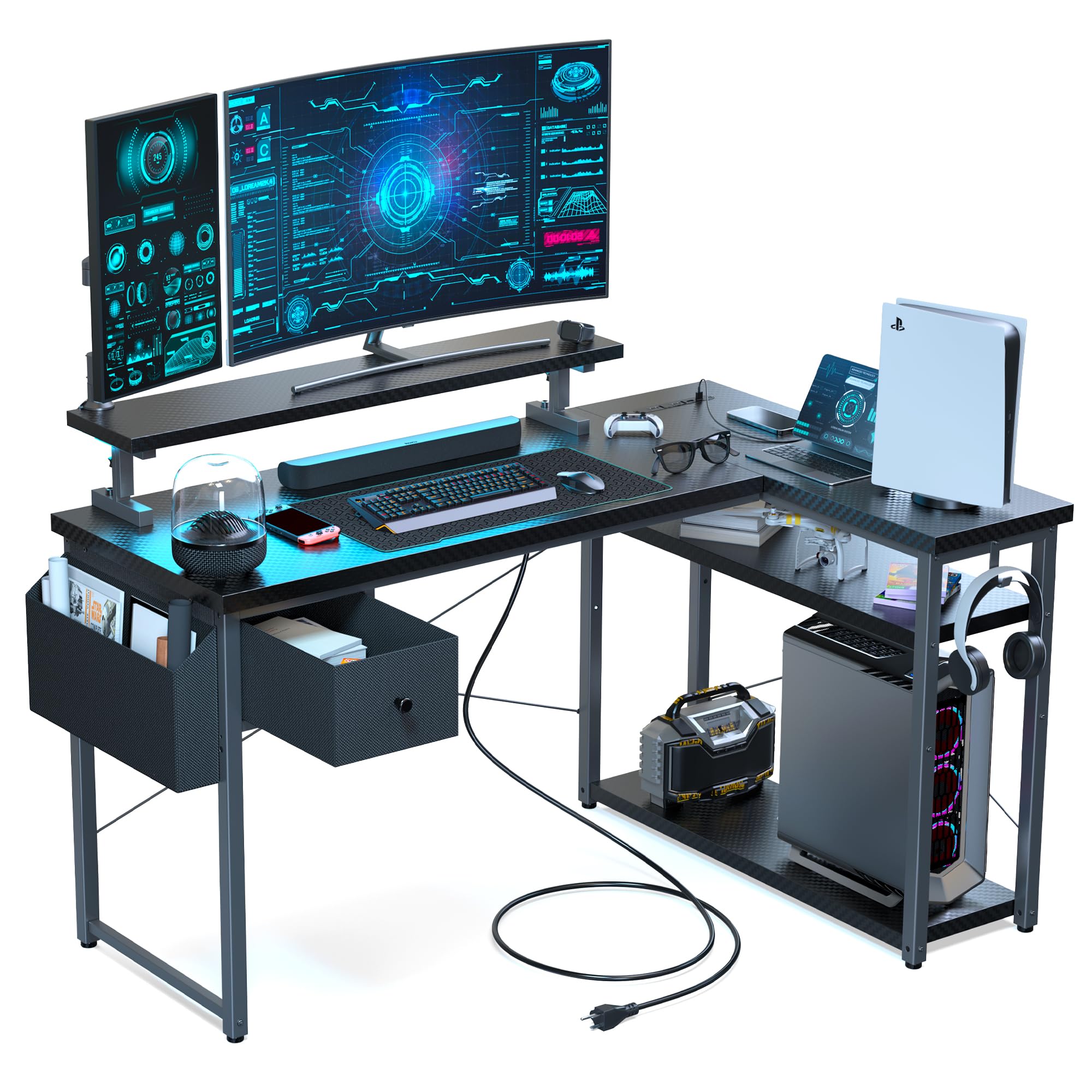 Amazon | DOMICON パソコンデスク l字 ゲーミングデスク 黒 幅140cm 4