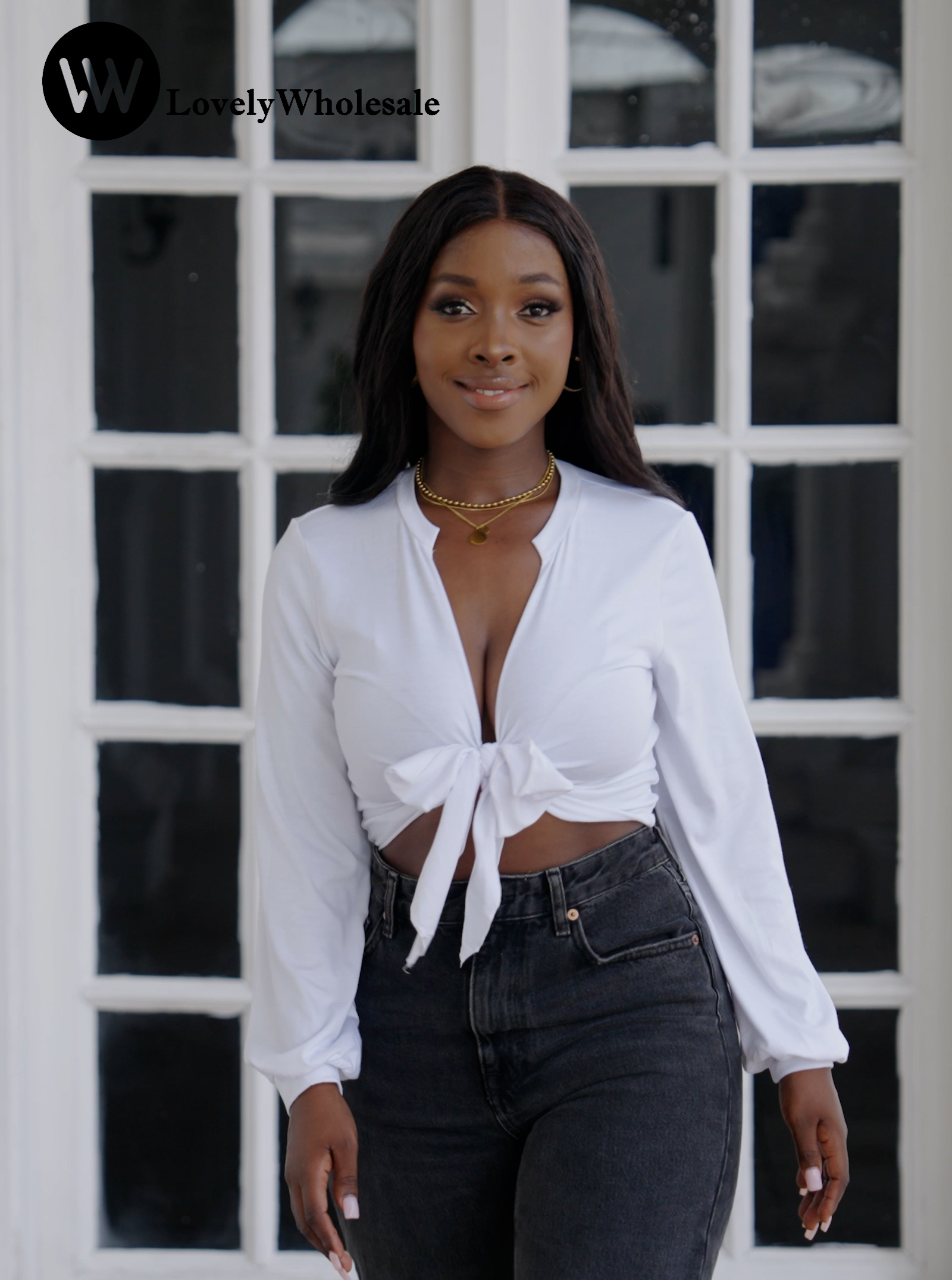 LovelyWholesale Women Tie Front Tops Sexy Cropped Long Sleeve Deep