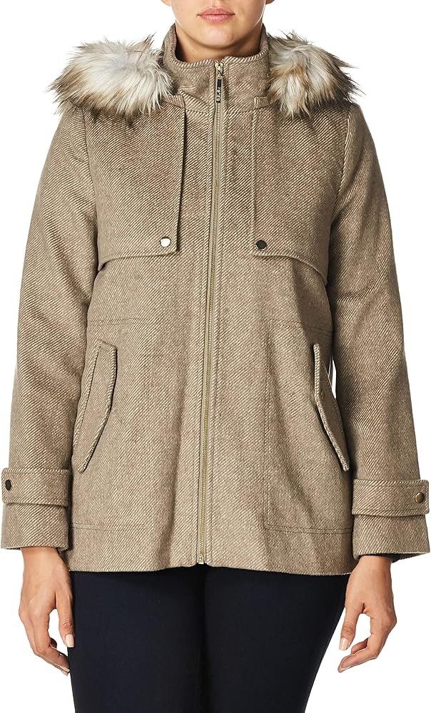 kensie womens Hooded With Faux Fur Wool Coats, Taupe, Large US at