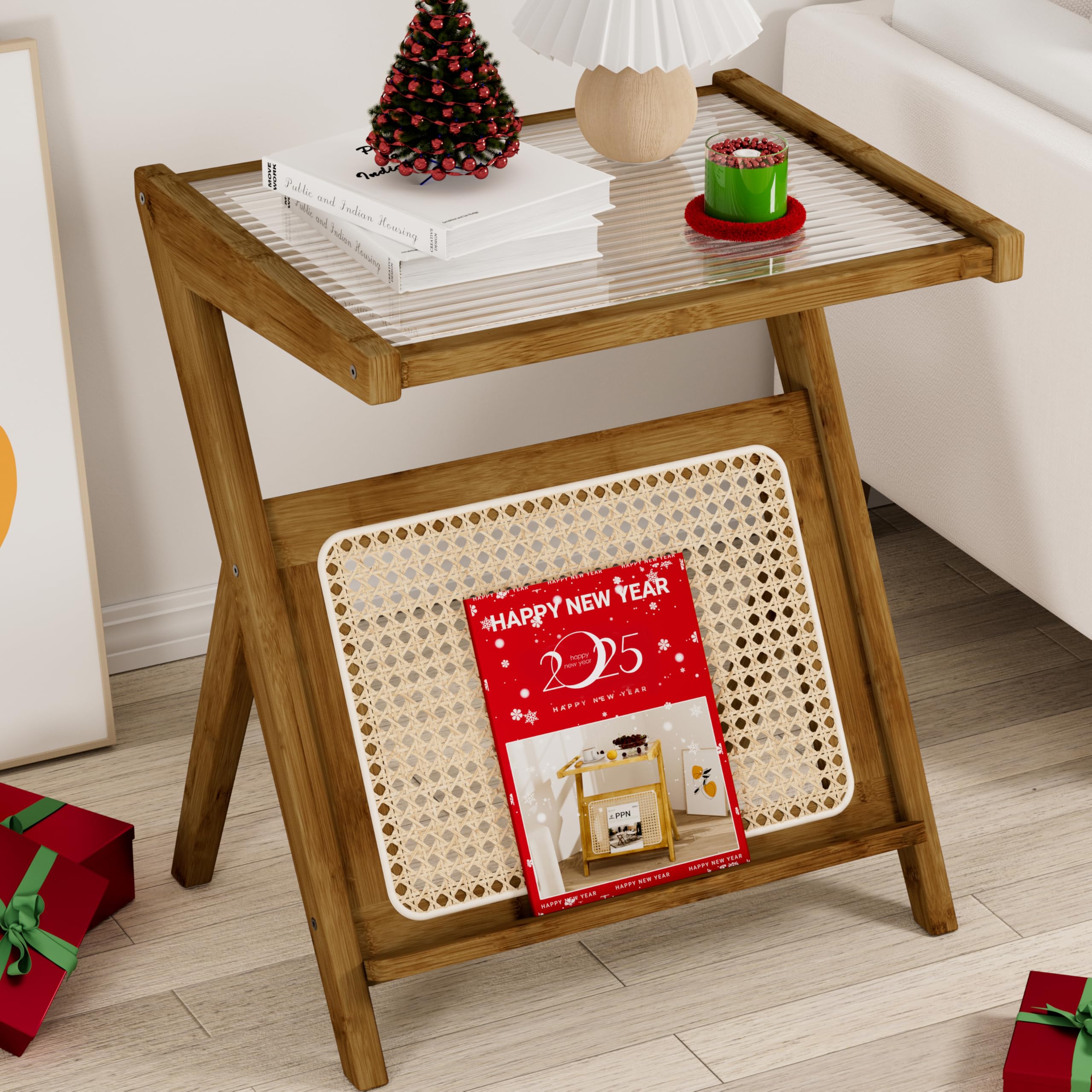 Amazon｜PPN ラタンサイドテーブル ミッドセンチュリーモダンエンド