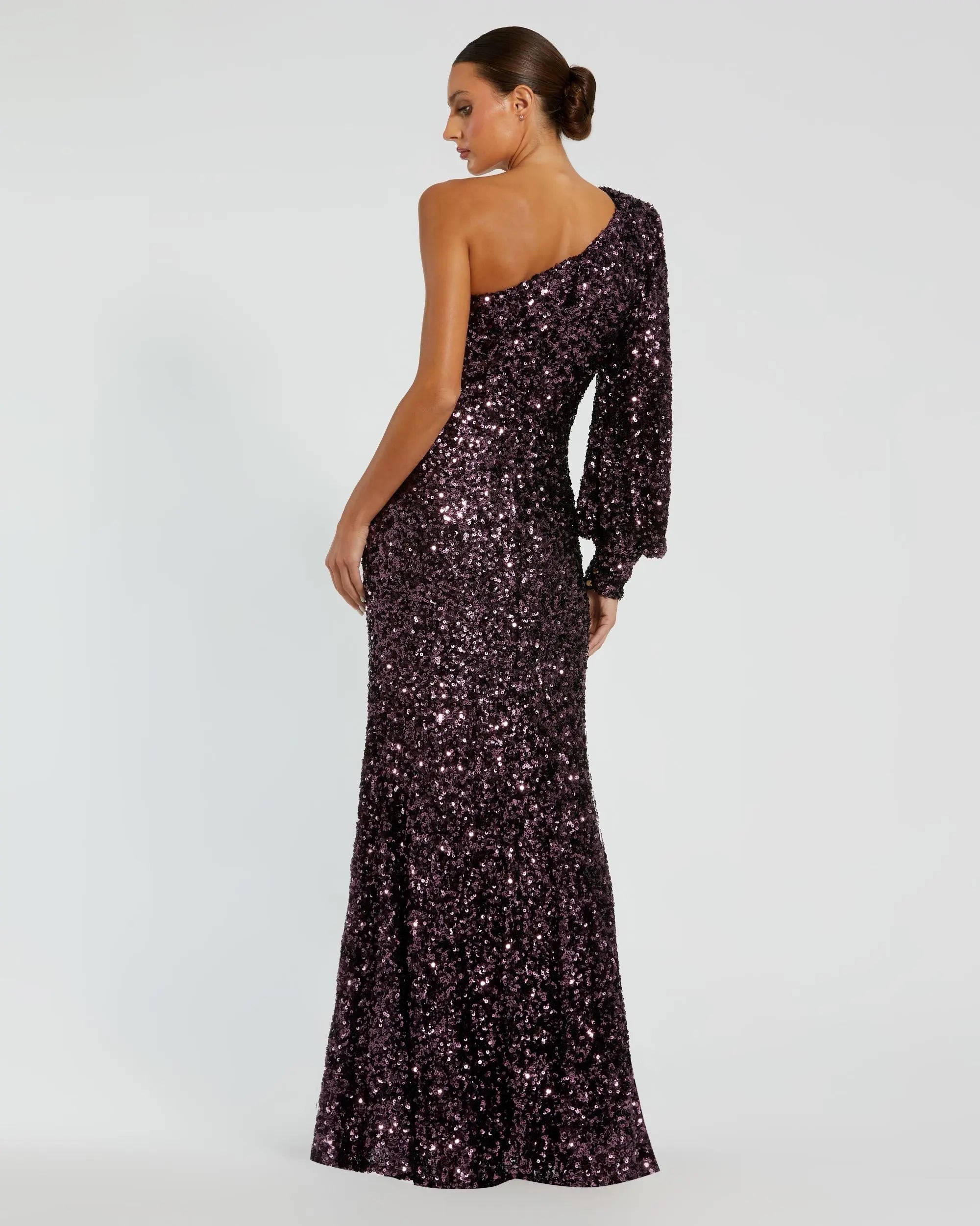 Purple Sequined One Shoulder Bishop Sleeve Trumpet Gown - Mac Duggal
