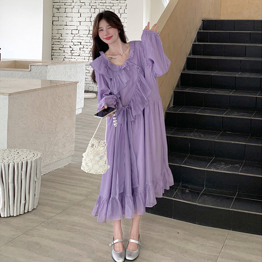 ワンピース】パープル 超可愛い フリル 長袖ワンピース レディース 秋