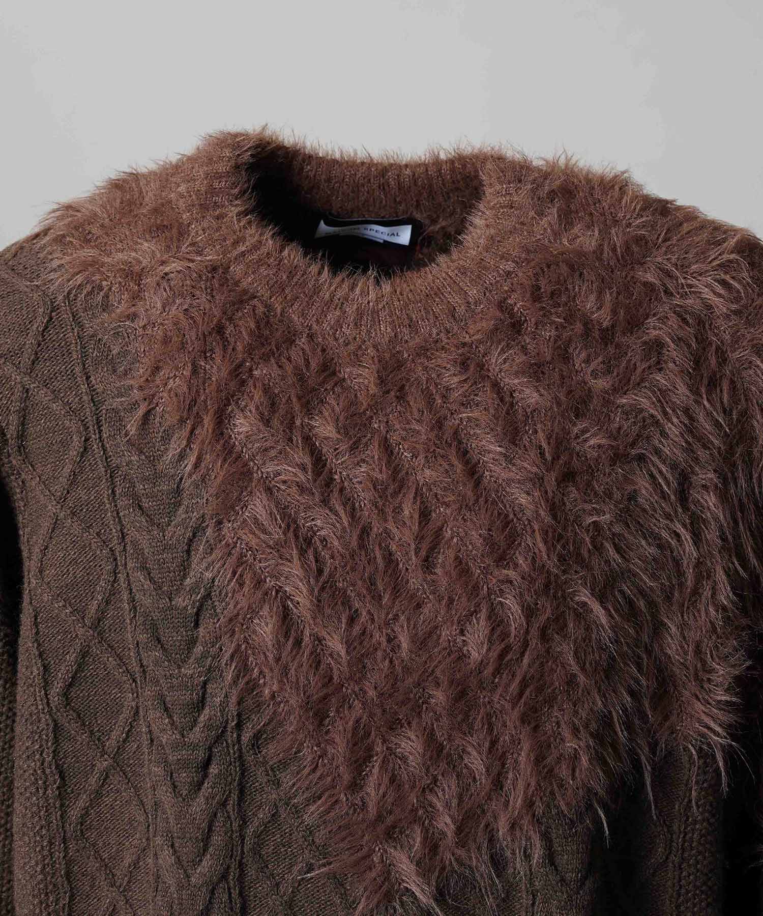 Cable Shaggy Mix Prime-Over Crew Neck Knit Pullover