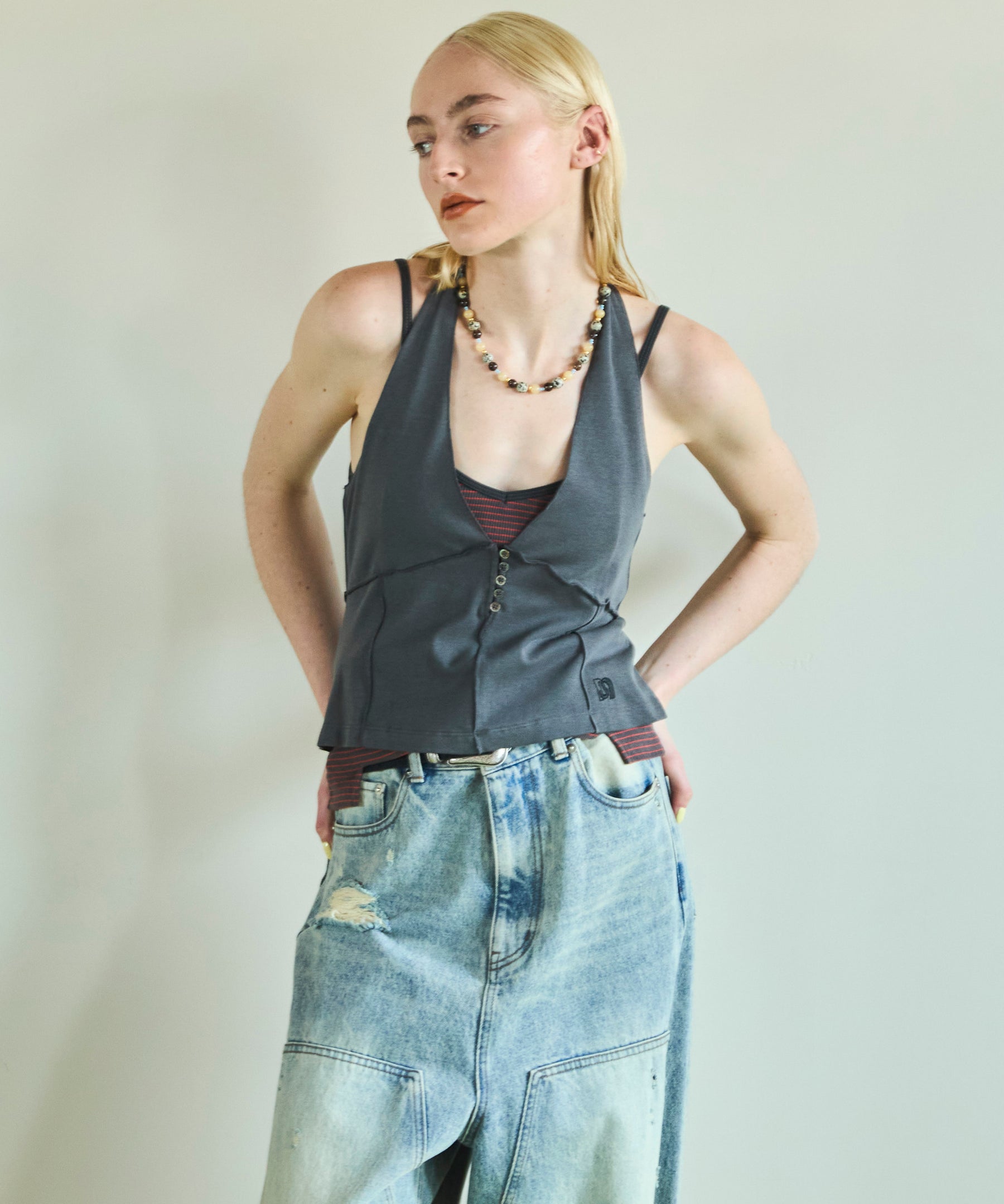 Border Camisole Halter Neck Set Top