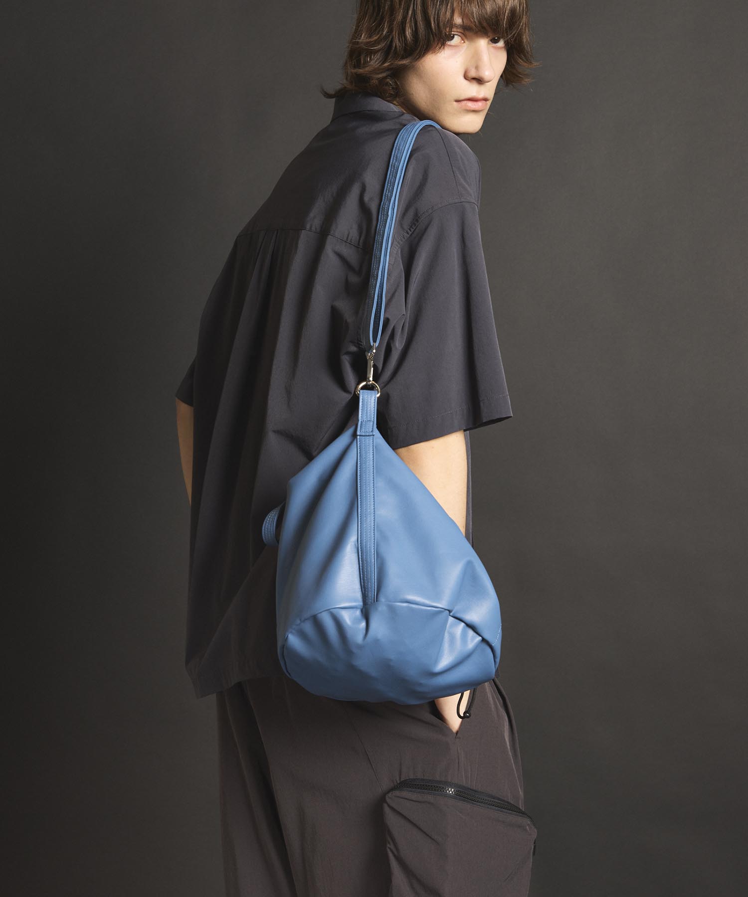 EX】Vegan Leather Effect Shoulder Drawstring Bag