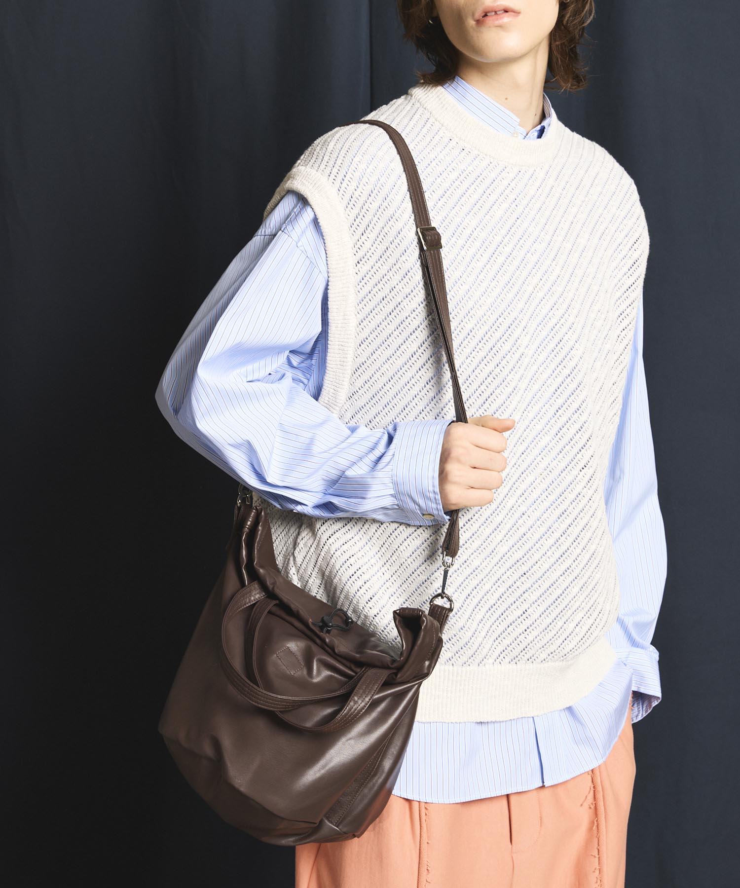 EX】Vegan Leather Effect Shoulder Drawstring Bag