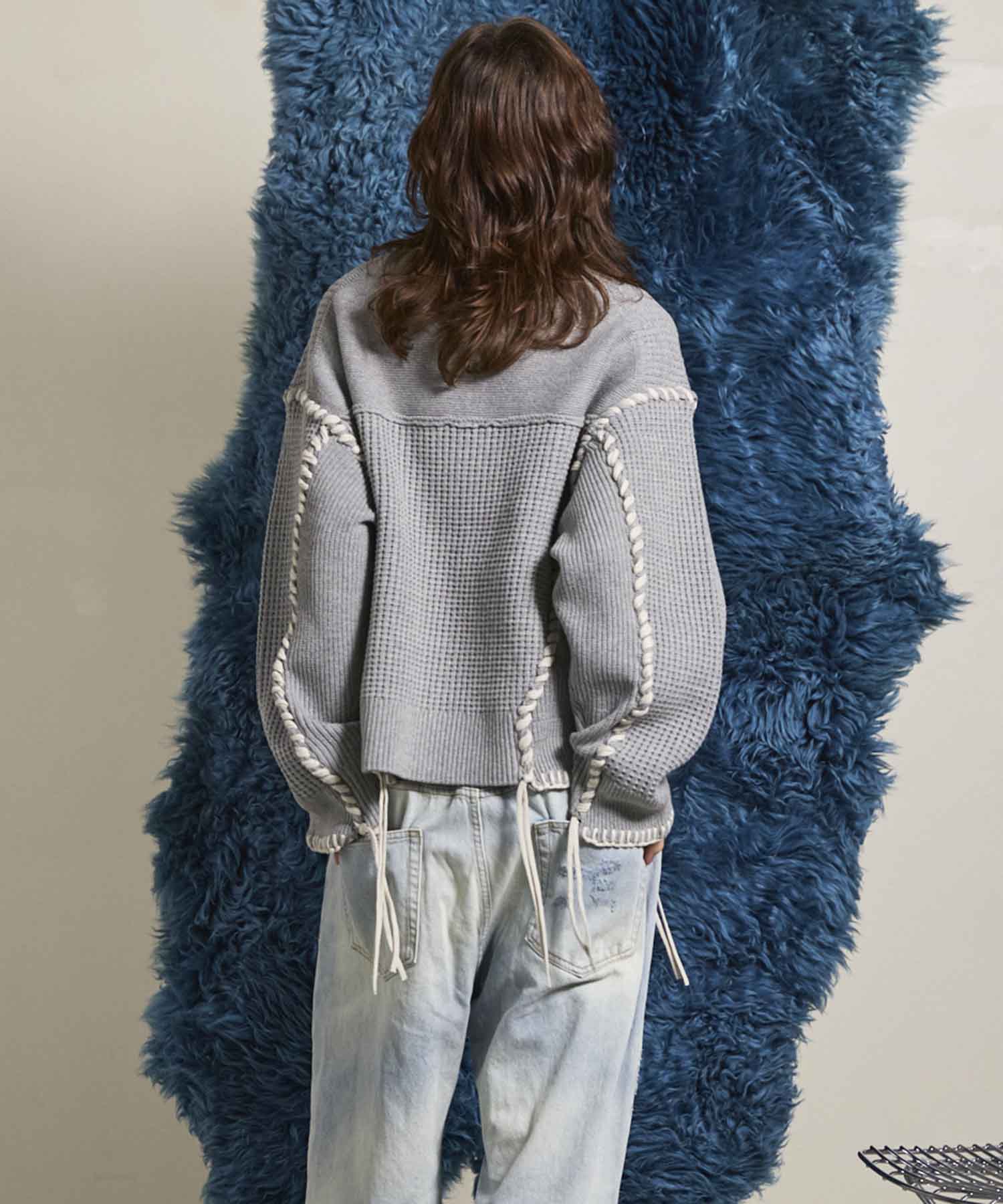 Oni-Waffle Flower Embroidery Prime-Over Crew Neck Knit Pullover