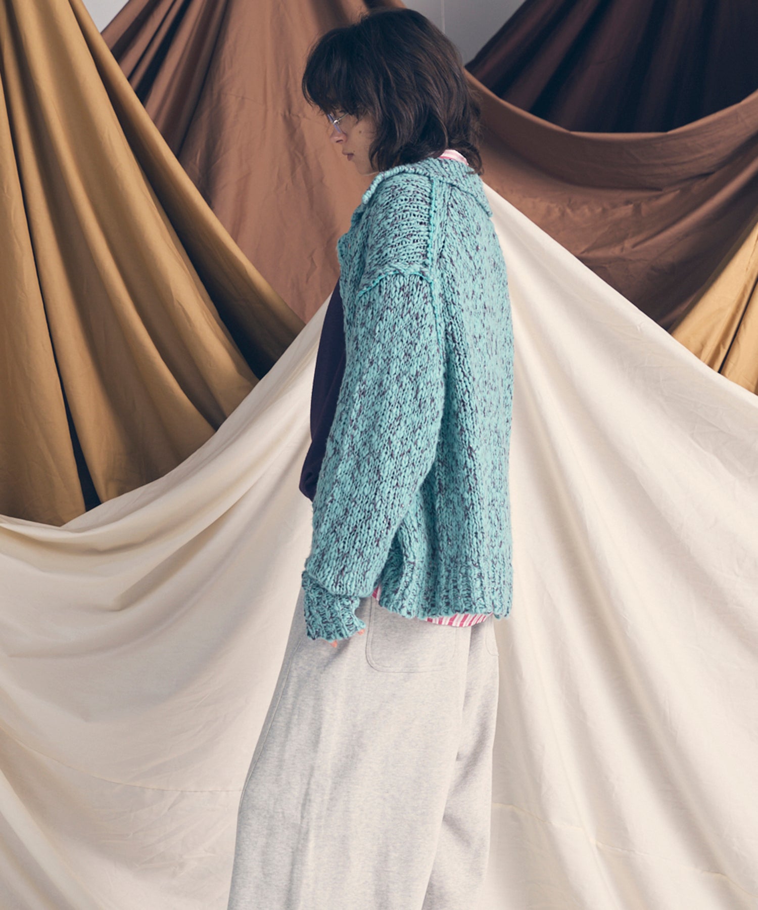 Slub Yarn Prime-Over Collared Cardigan