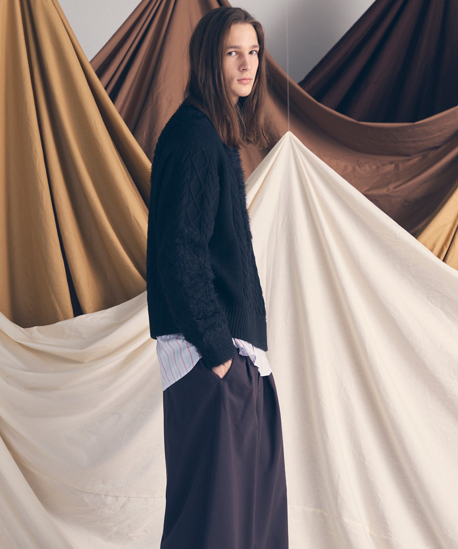 Cable Shaggy Mix Prime-Over Crew Neck Knit Pullover