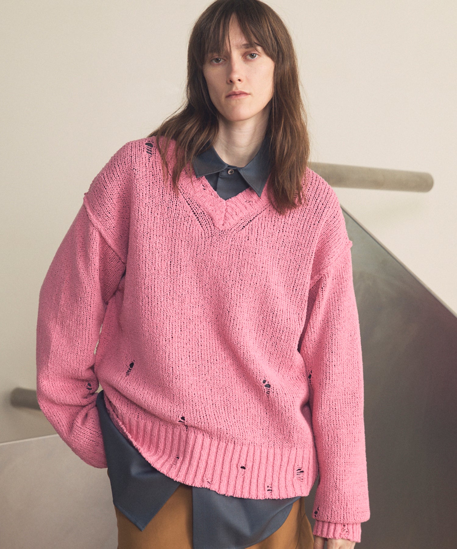 Short-length Prime-Over Distressed V-neck Knit Pullover