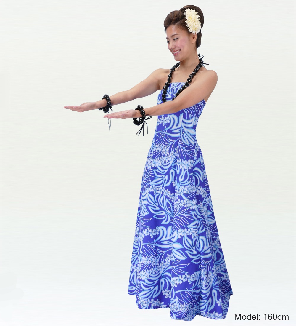 フラダンスムームー ストラップレス ロング丈ドレス ロイヤルブルー