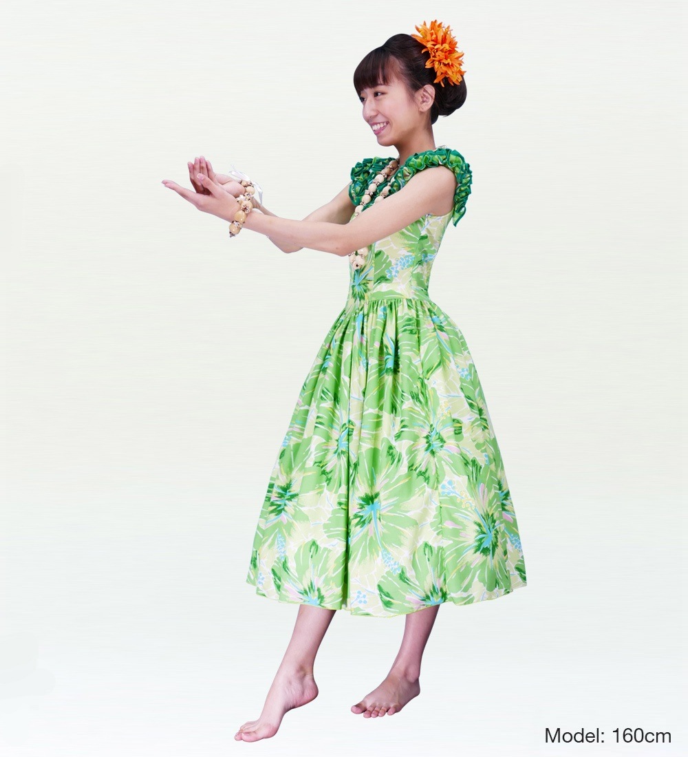 フラダンス ムームー フリル ミディ丈ドレス グリーン 2380gr