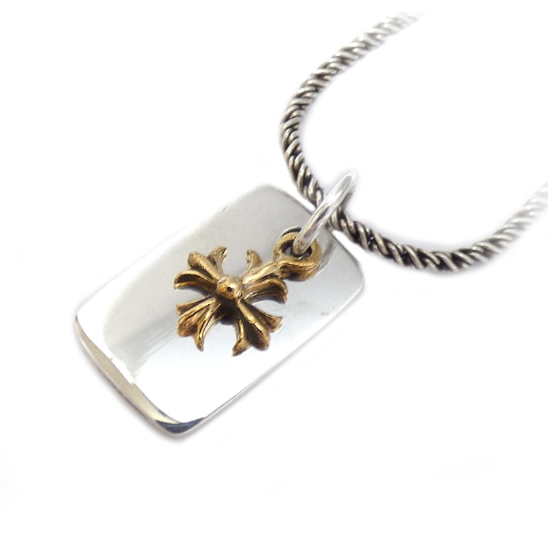 ゴールド フレアフローラル クロス 鏡面シルバー プレート ペンダント