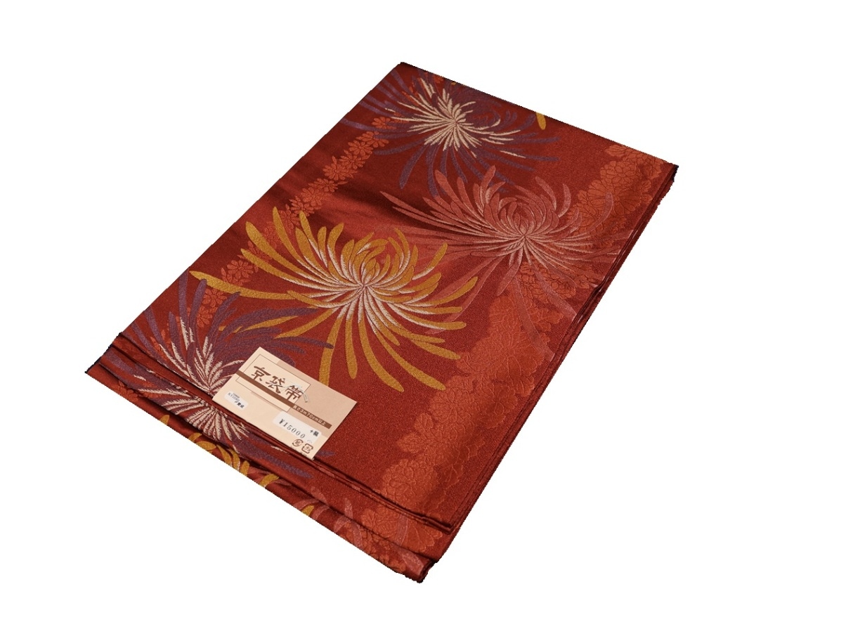 ポリエステル京袋帯「赤茶色の地に金茶色、深紫色の菊の模様」 | 帯,帯