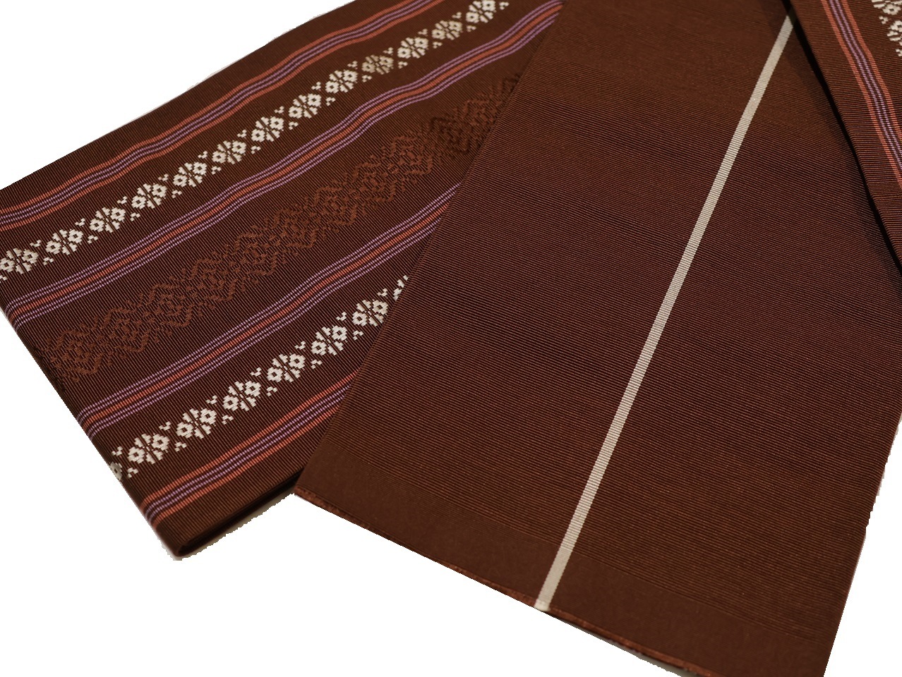 正絹博多織半幅帯「茶色の地にグレー色の博多献上模様」 | 帯,帯(半幅