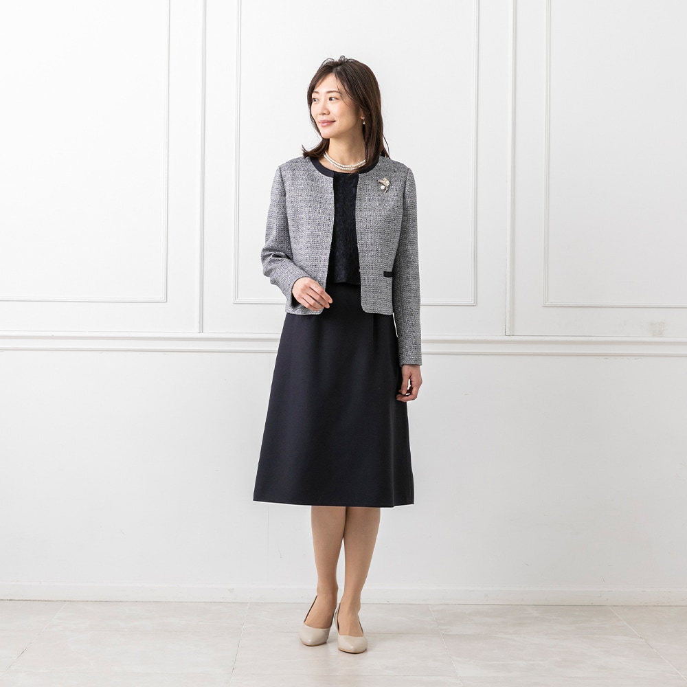 商品番号2003112]ノーカラージャケット×花柄のレース使いワンピース