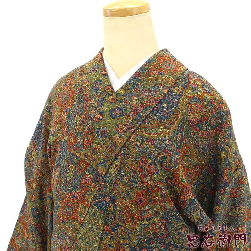 中古】 小紋 更紗小紋 レディース 正絹 マスタード レッド ブルー 二