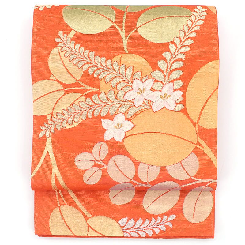 中古】 夏帯 袋帯 夏用 正絹 六通柄 オレンジ 萩 秋草 長さ444cm 幅