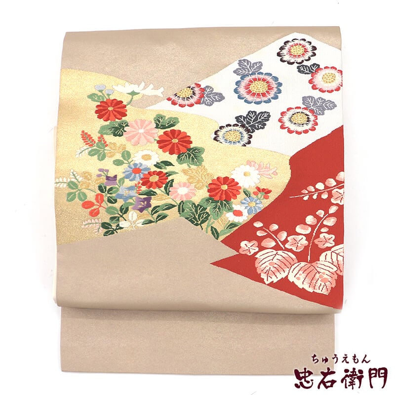 中古】 名古屋帯 なごや帯 正絹 九寸帯 お太鼓柄 ベージュ 菊 上品 長