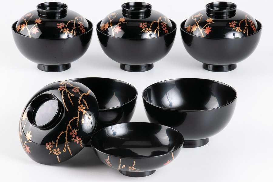 F1403 輪島塗 鉄仙蒔絵 吸物椀 五客 共箱 木製 漆器 懐石道具 F1403