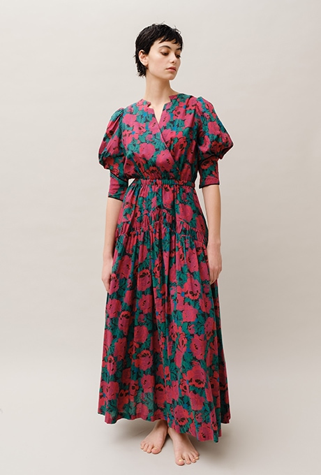 Flower Print Cotton Puff Sleeve Gather Long Dress | All Items
