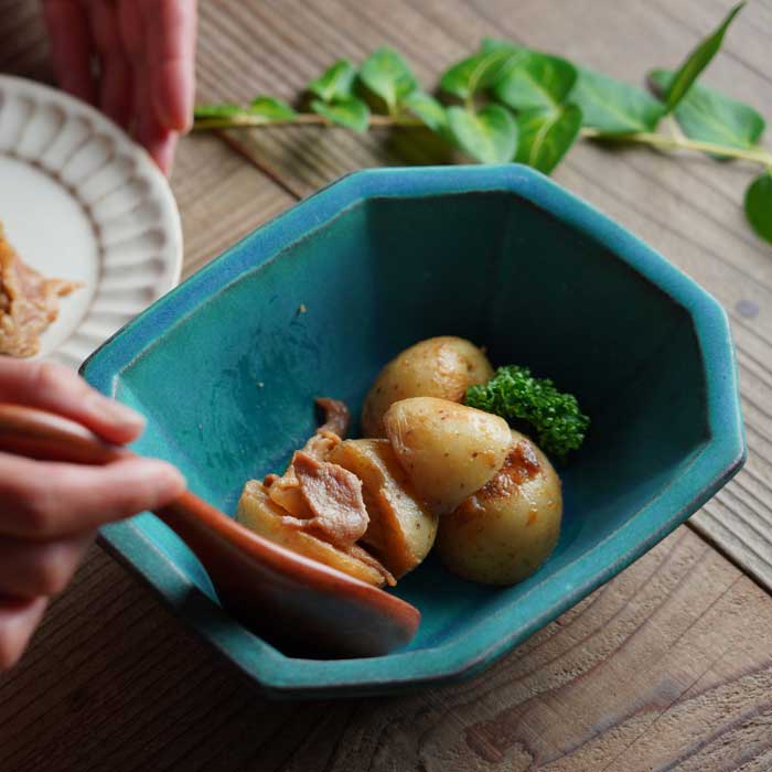 八角大鉢 シャビーターコイズ ボウル 角鉢 丼 サラダボウル 青 ブルー