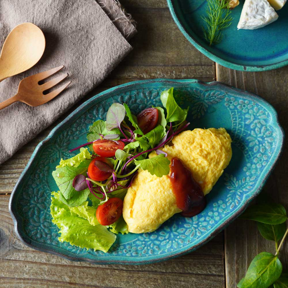 益子焼 チュールレース 楕円皿 シャビーターコイズ わかさま陶芸