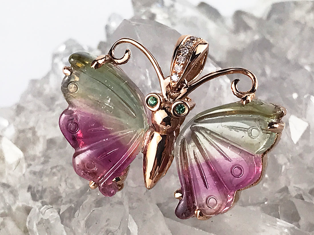 バイカラートルマリン 蝶型ペンダントトップ(K18)