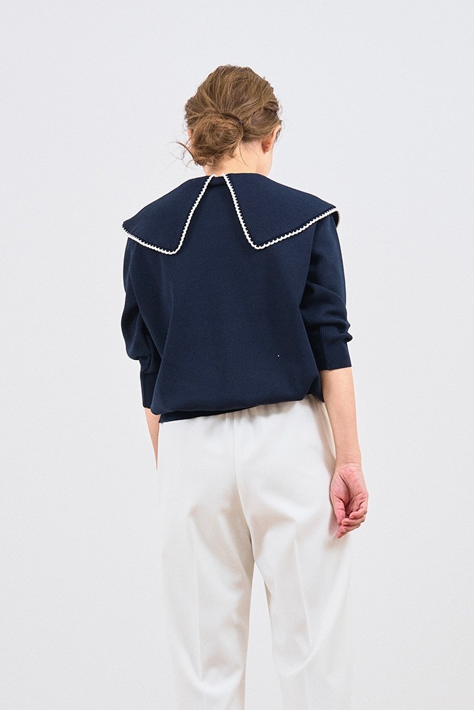 yori コットン刺繍カラーニットネイビー