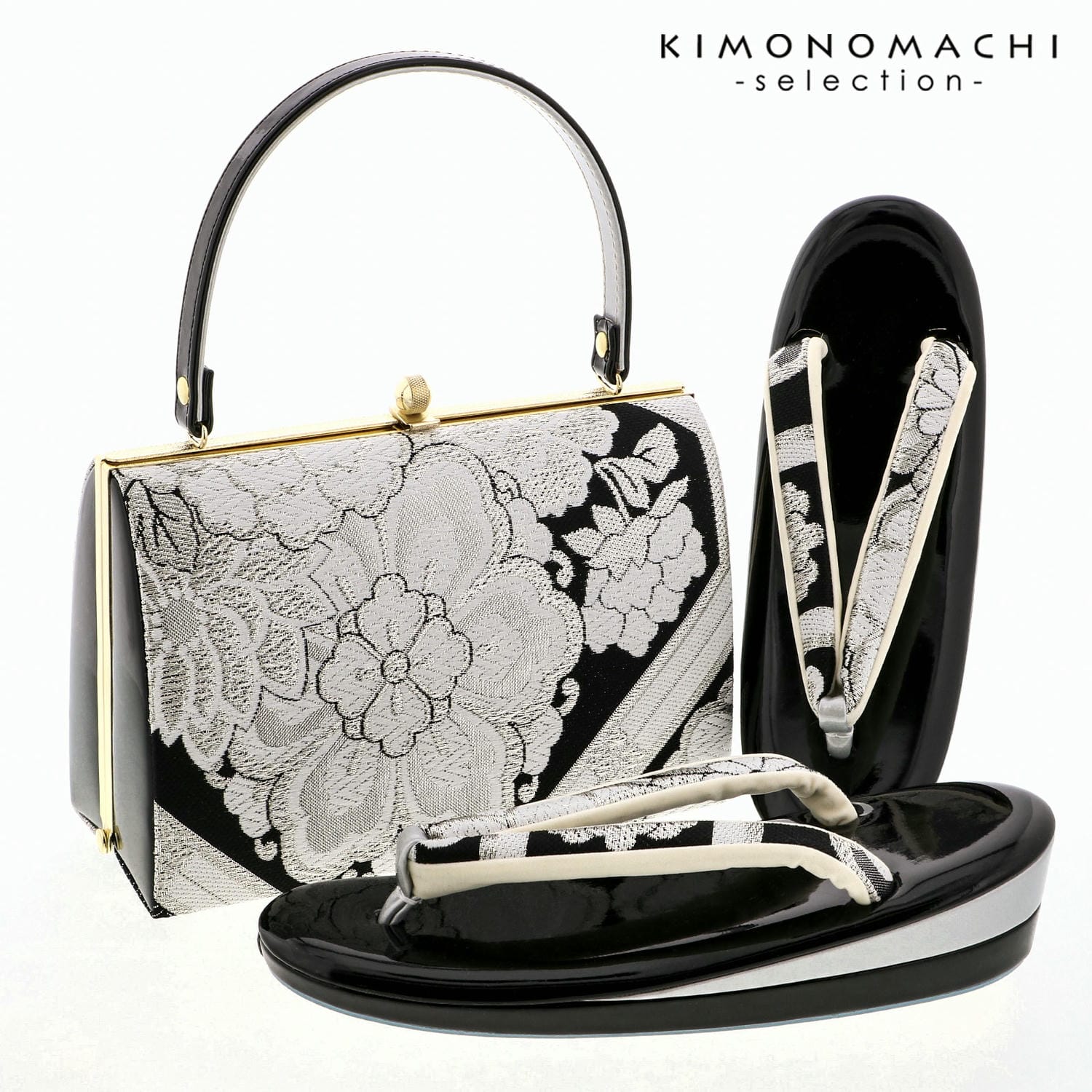草履バッグセット「黒 黒×白、蜀江に花」Fサイズ 日本製 振袖草履