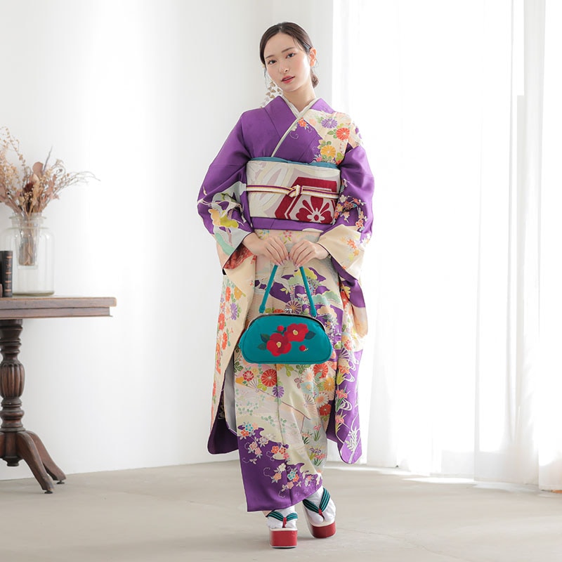成人式振袖レンタル 紫 花に飛鶴と扇☆（絹） | RENTAL,振袖（12月・1