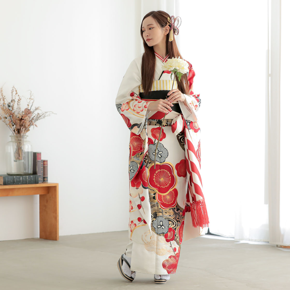 白 道長取りに紅白梅（【振袖・袋帯・長襦袢のセット商品