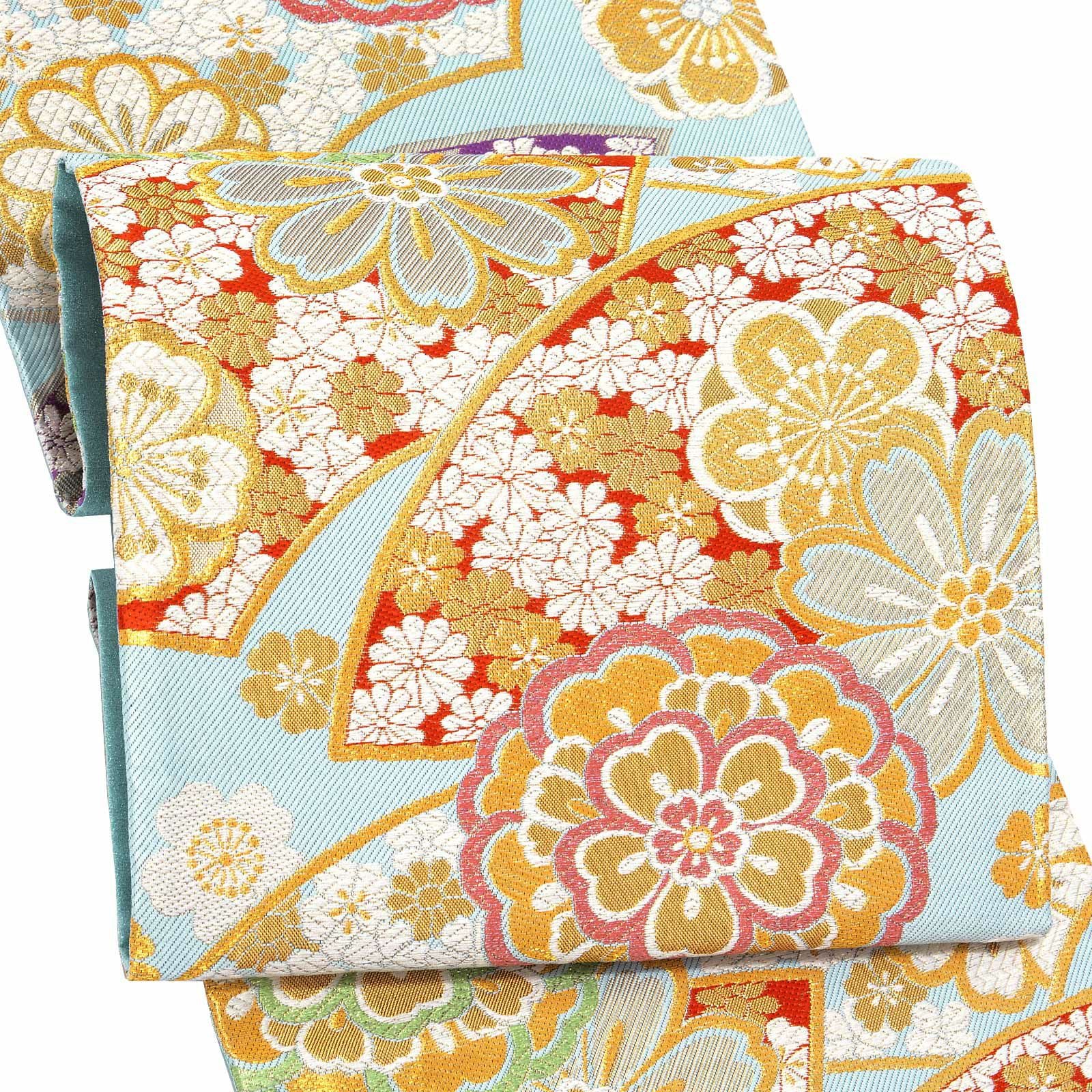 袋帯 薄水色 扇に花 西陣織 証紙番号2362 大光株式会社謹製 六通柄