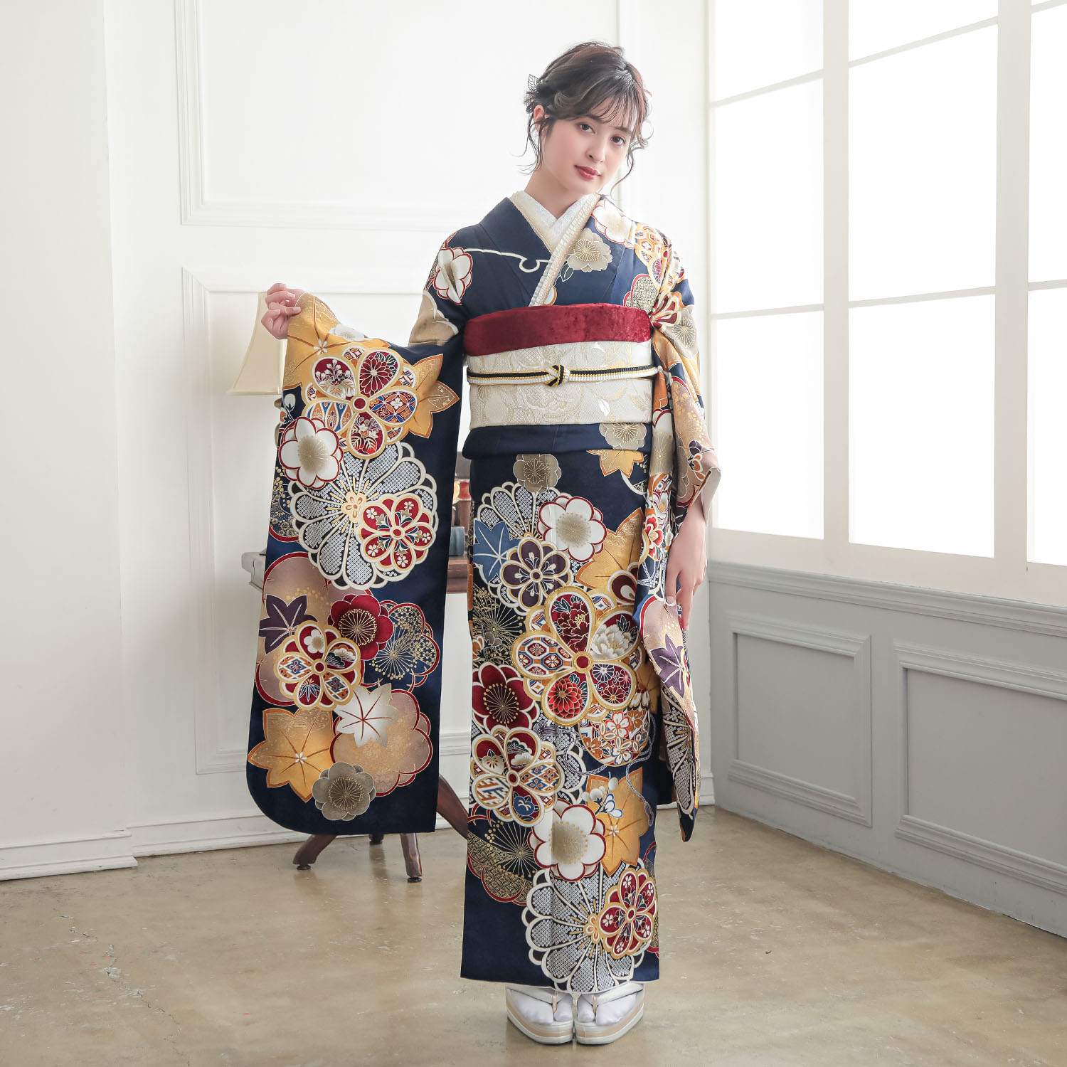 紺 友禅 梅に楓と鈴（【振袖・袋帯・長襦袢のセット商品