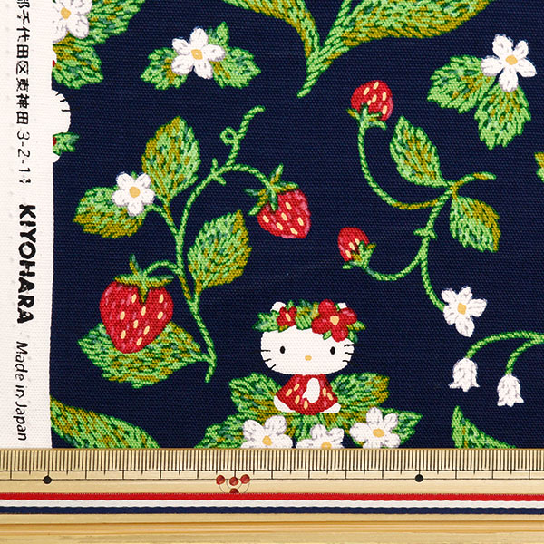 数量5から】 生地 『オックス ハローキティ ストロベリー ネイビー