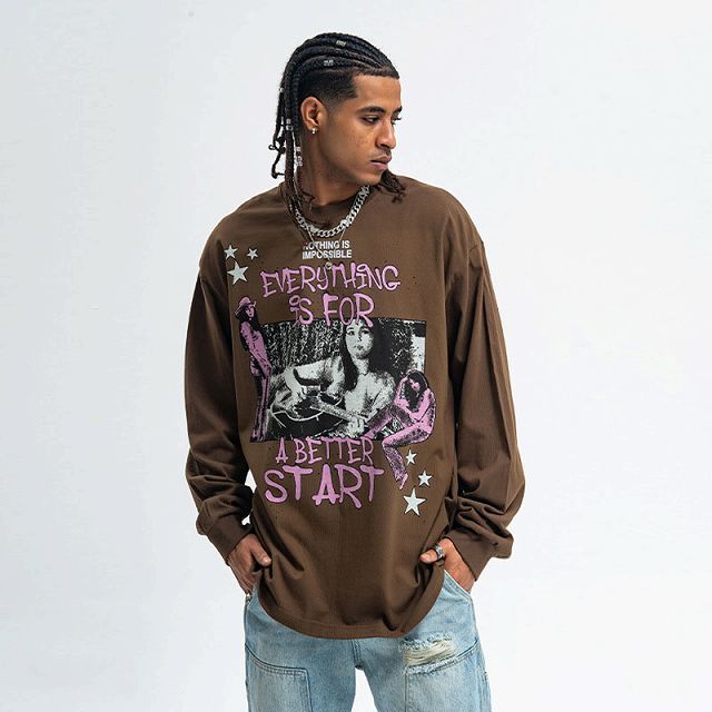 メンズファッション ビンテージ風 長袖Tシャツ 男女兼用 ストリート系