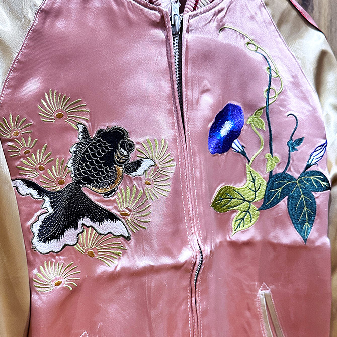 Mサイズ]金魚鉢柄刺繍リバーシブルスカジャン ピンク【送料無料】｜和