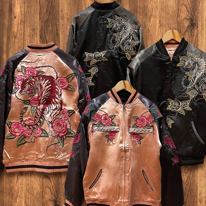 Mサイズ]両面刺繍 横須賀薔薇とレッドタイガー柄スカジャン｜横須賀柄