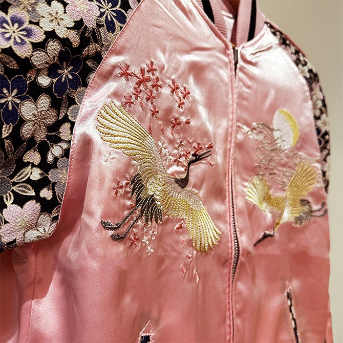 XXLサイズ]桜と鶴柄刺繍ちりめん袖柄刺繍リバーシブルスカジャン