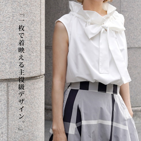 フリルネックボウタイブラウス♪ギャザー フリル リボン ノースリーブ