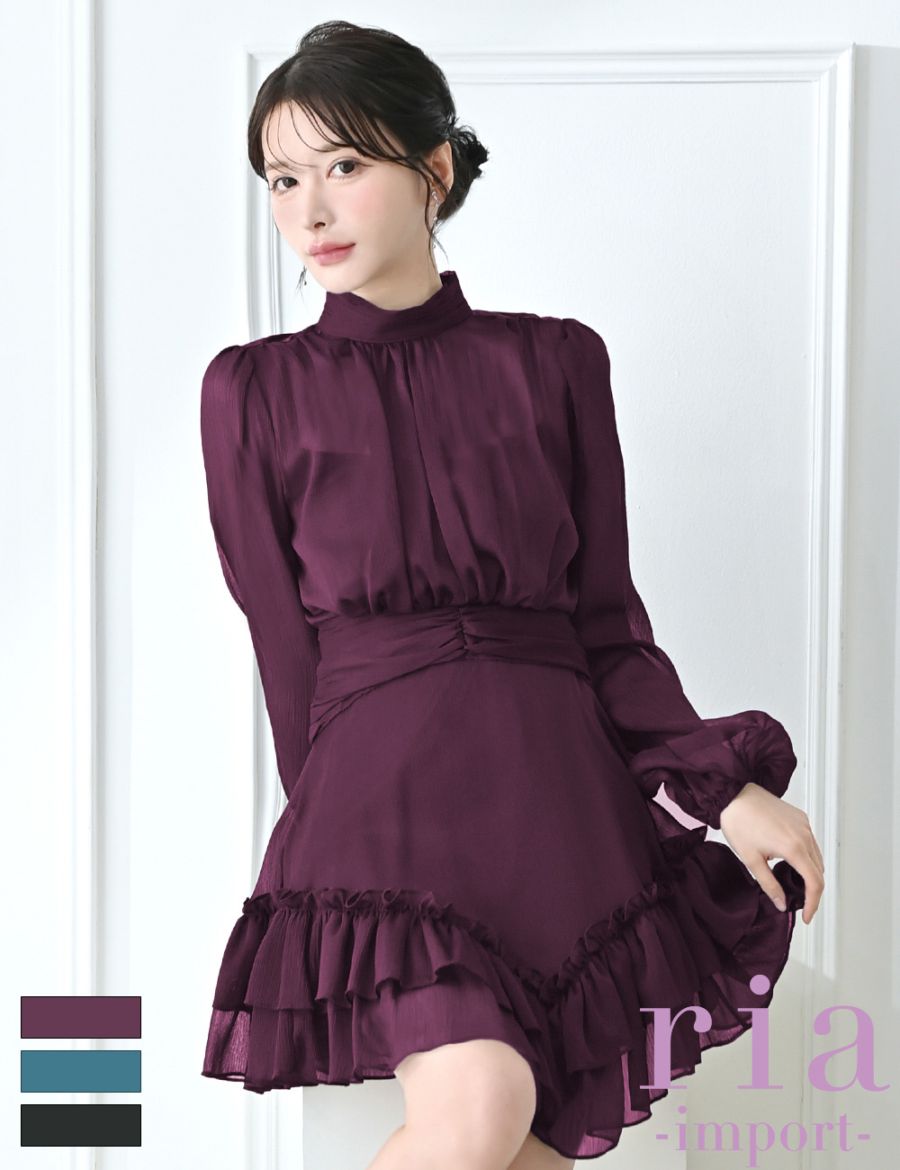 ria】ミニ/ドレス/ワンピース/ブラック/袖あり/長袖/フレア/シフォン