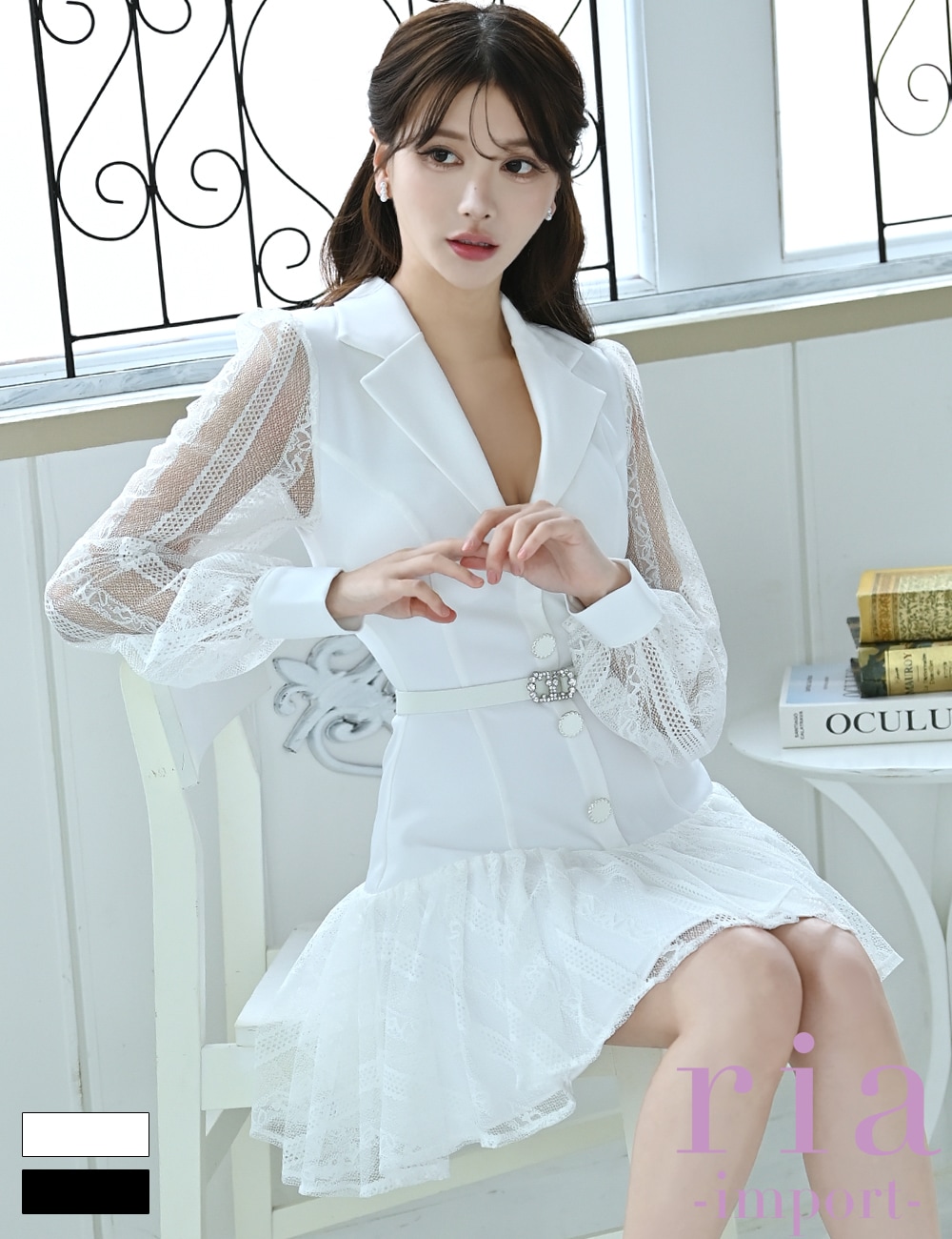 ria】ミニ/ドレス/ワンピース/ホワイト/レース/長袖/袖あり/フレア