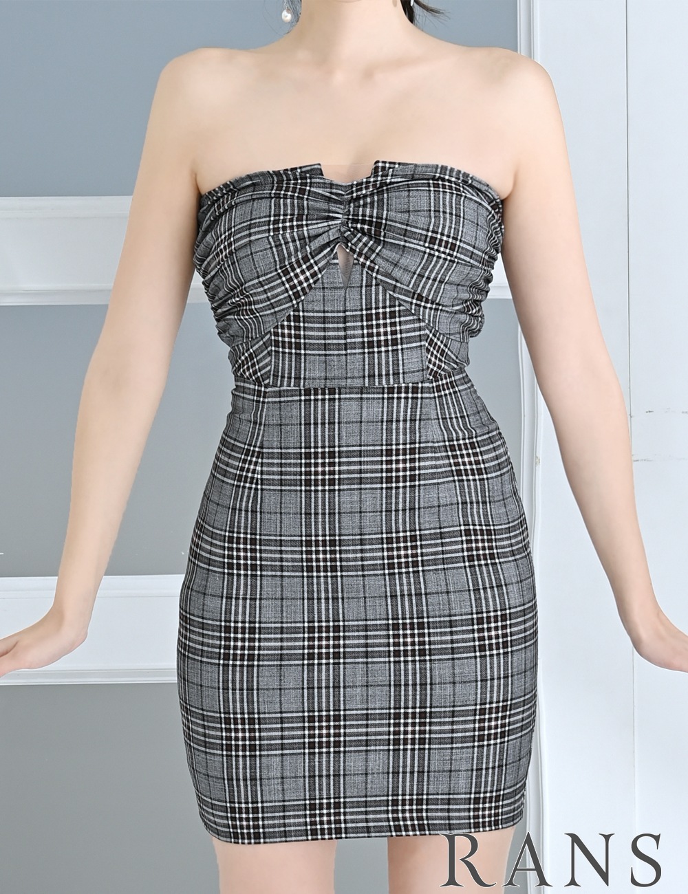 RANS】ミニ/ドレス/ワンピース/ベア/タイト/グレー/柄/チェック