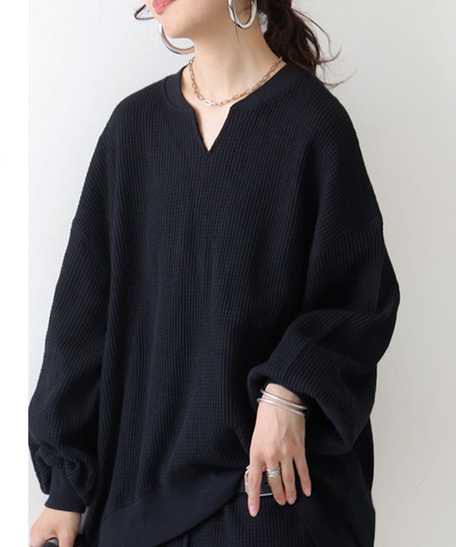 オニワッフル カフタン襟 トップス レディース 綿100 送料無料・再入荷