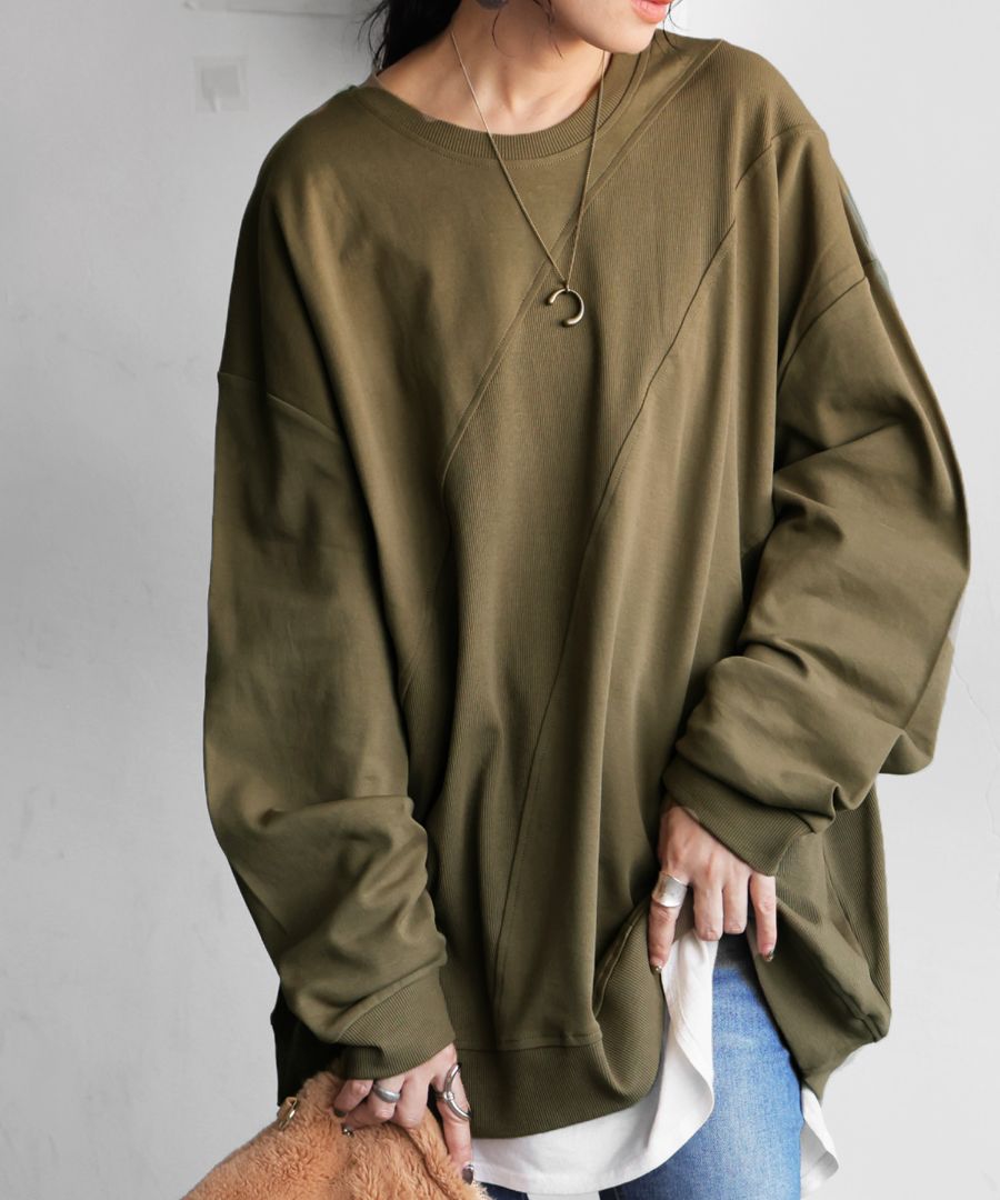 リブ切替 トップス レディース 長袖 カットソー ロンT 綿100・再入荷