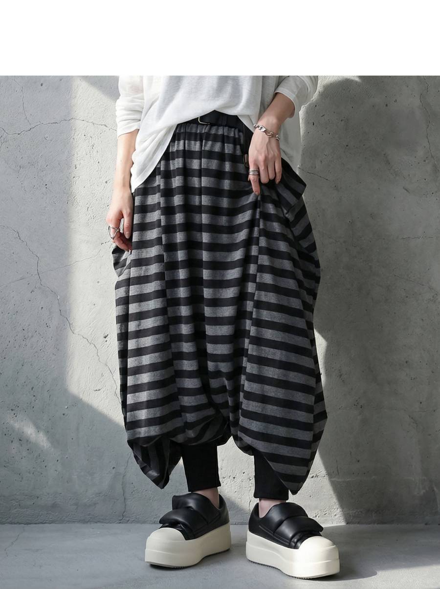 穿くだけで完成。ボーダー柄 サルエルパンツ レディース ワイド ロング