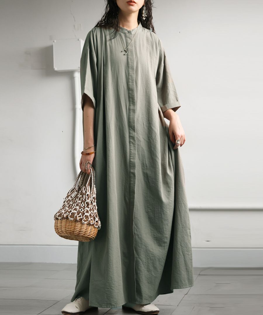 タックデザイン Aラインワンピース レディース 五分袖 送料無料・再